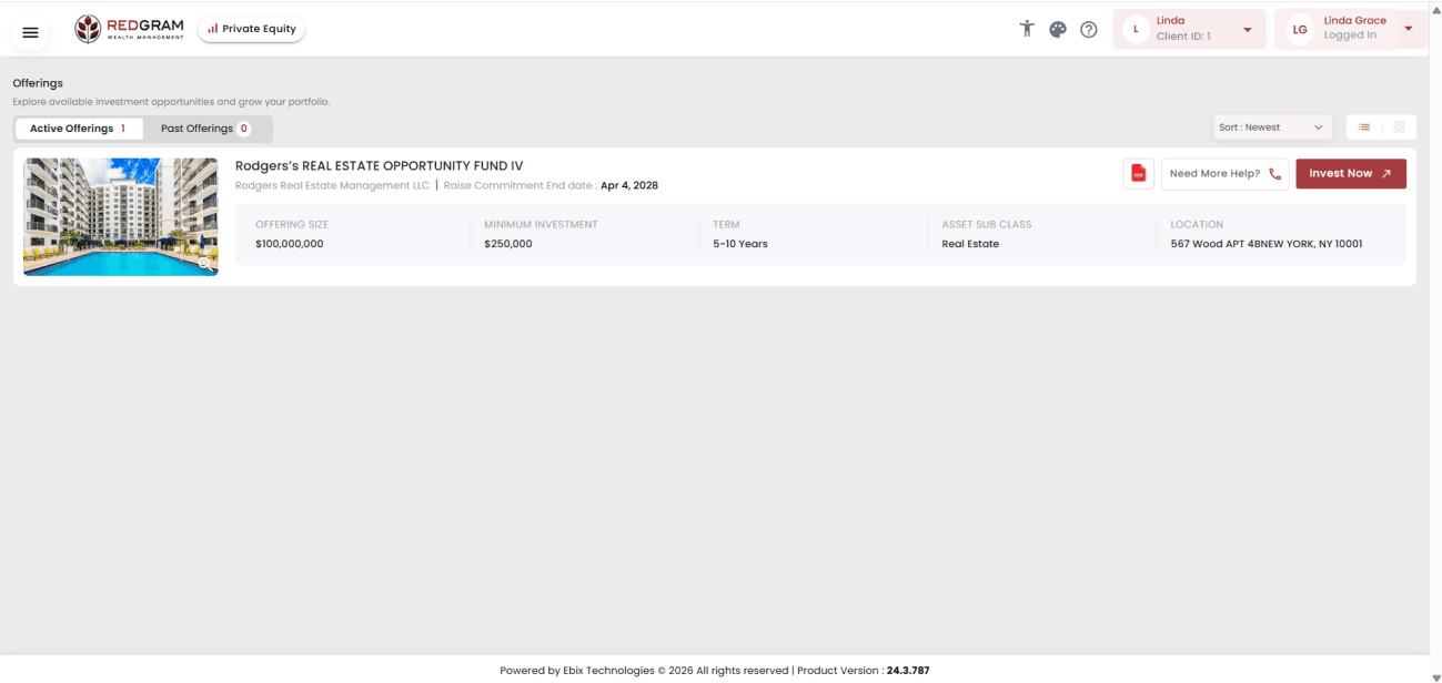 Active offerings screen with Invest Now