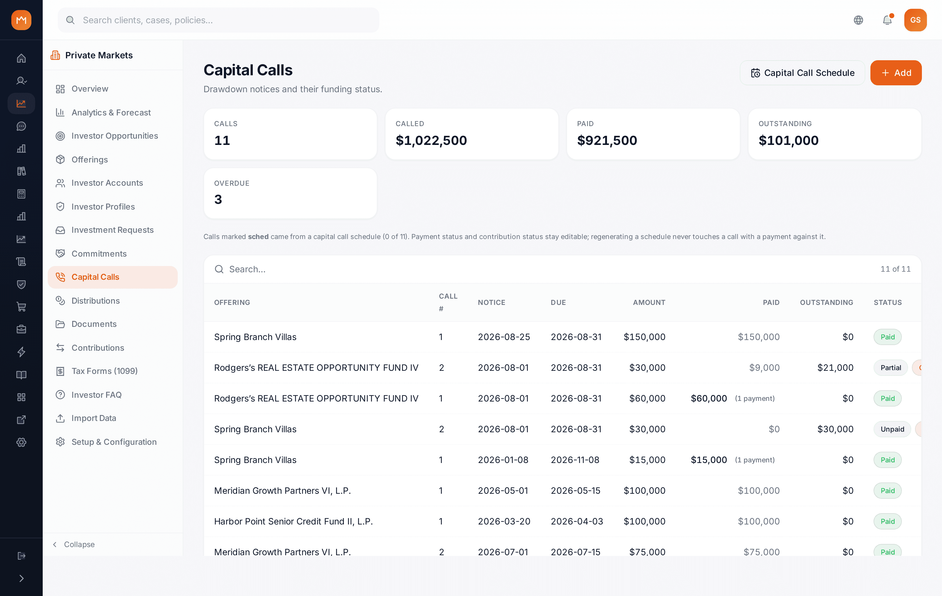 Capital Calls entry form