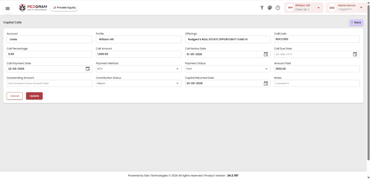 Capital Calls entry form