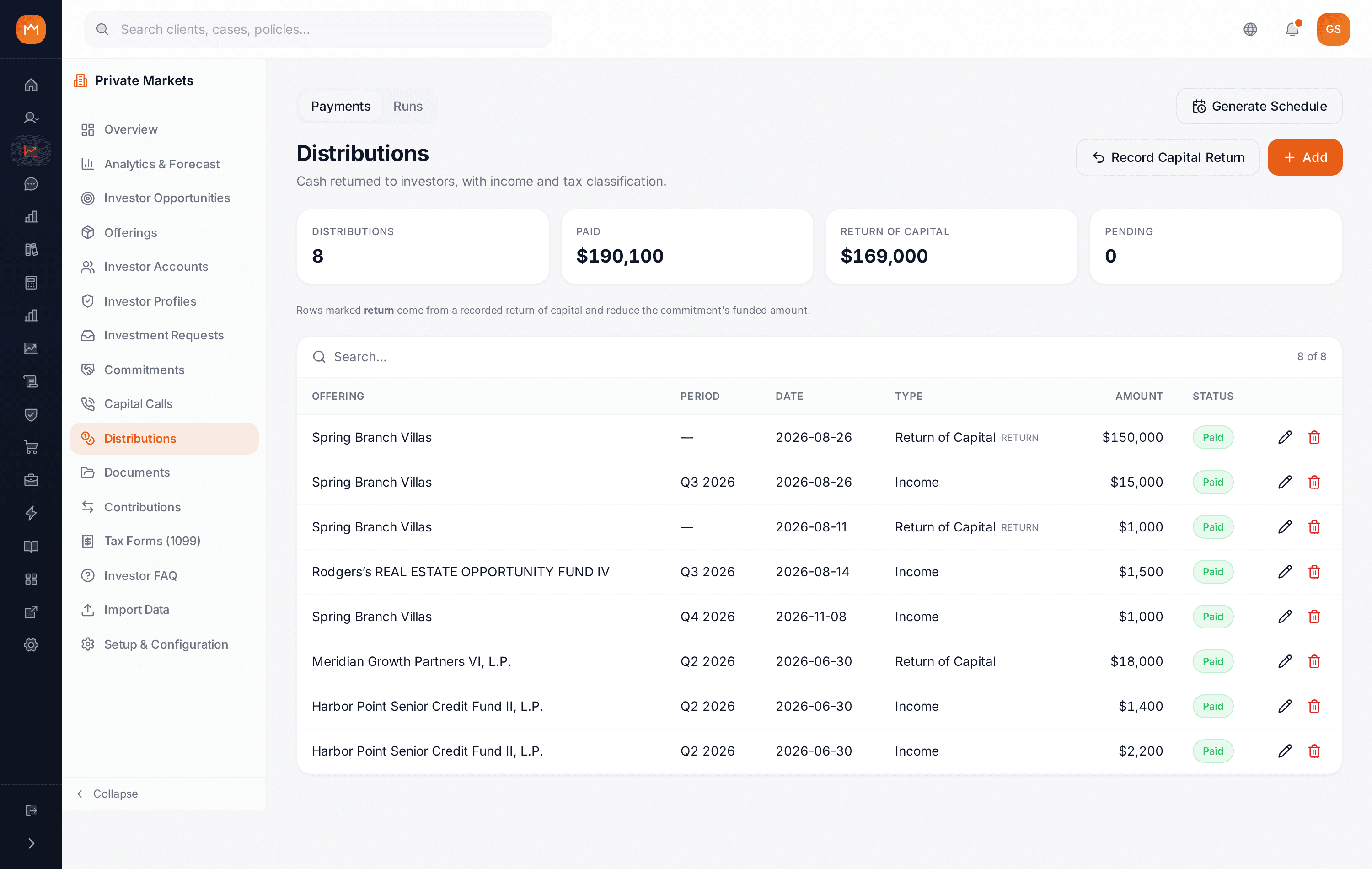 Distributions entry form with 1099 income type