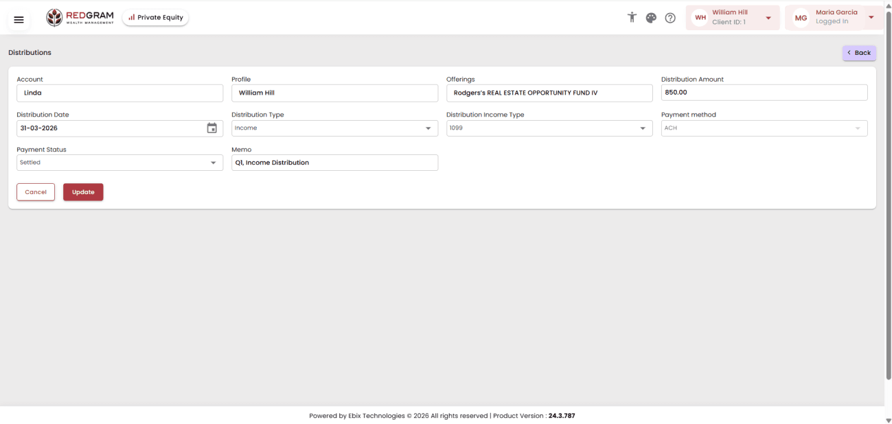 Distributions entry form with 1099 income type