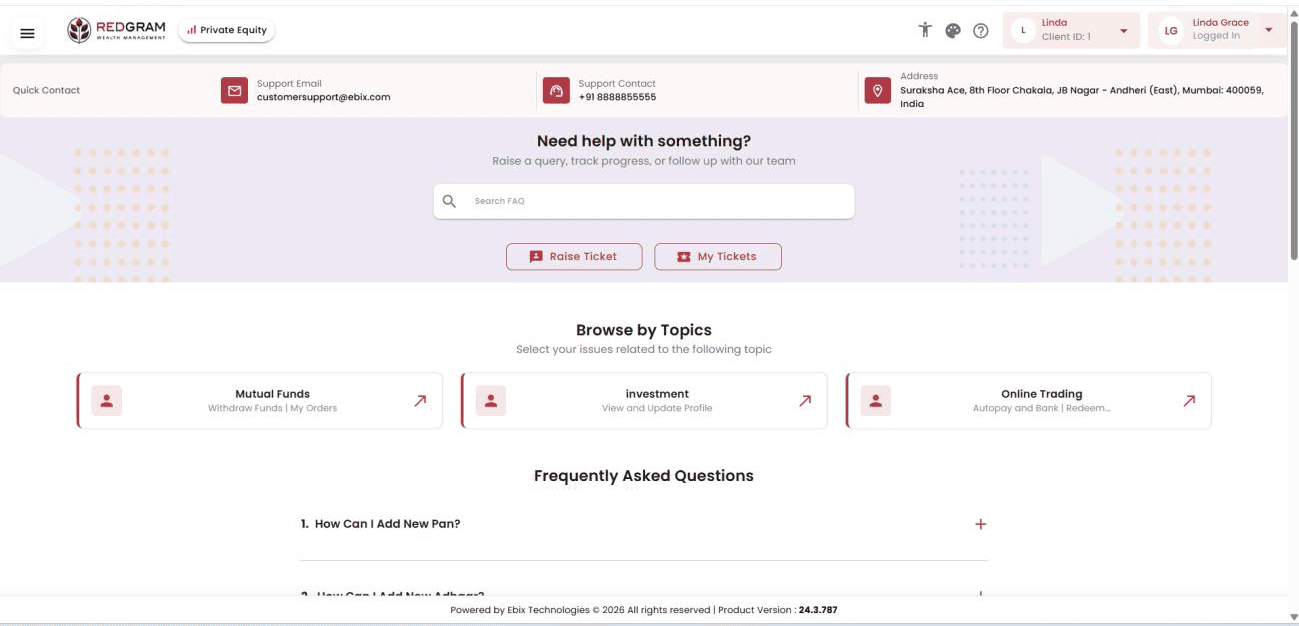 Help and support section with ticketing