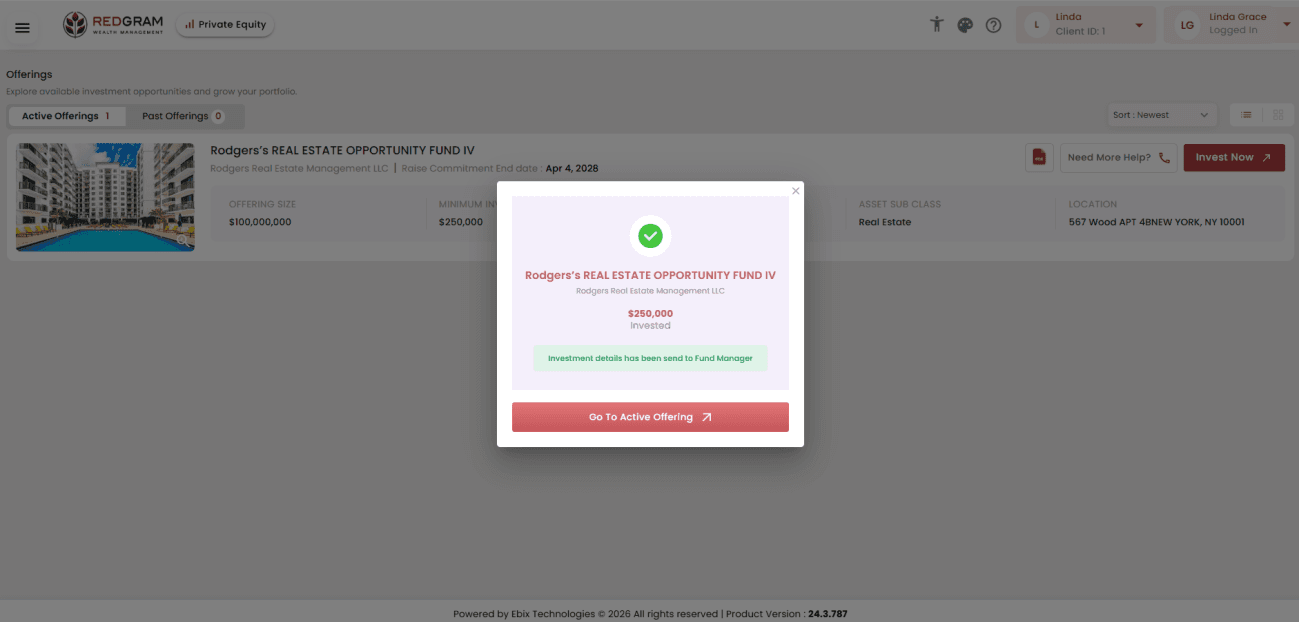 Investment confirmation dialog