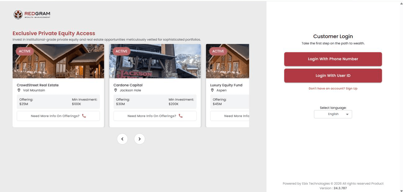 Branded portal landing with active offerings and customer login