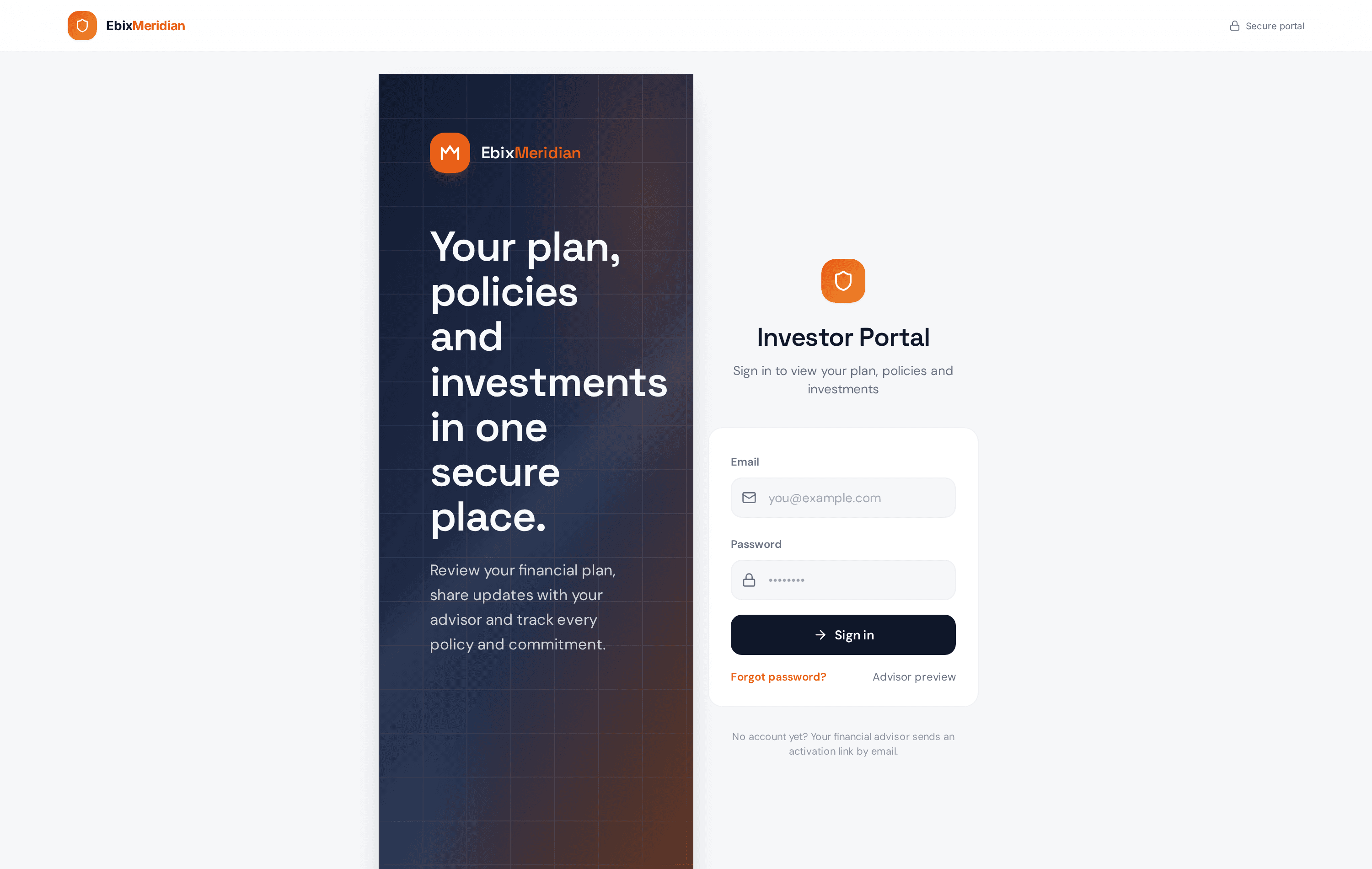 Branded portal landing with active offerings and customer login