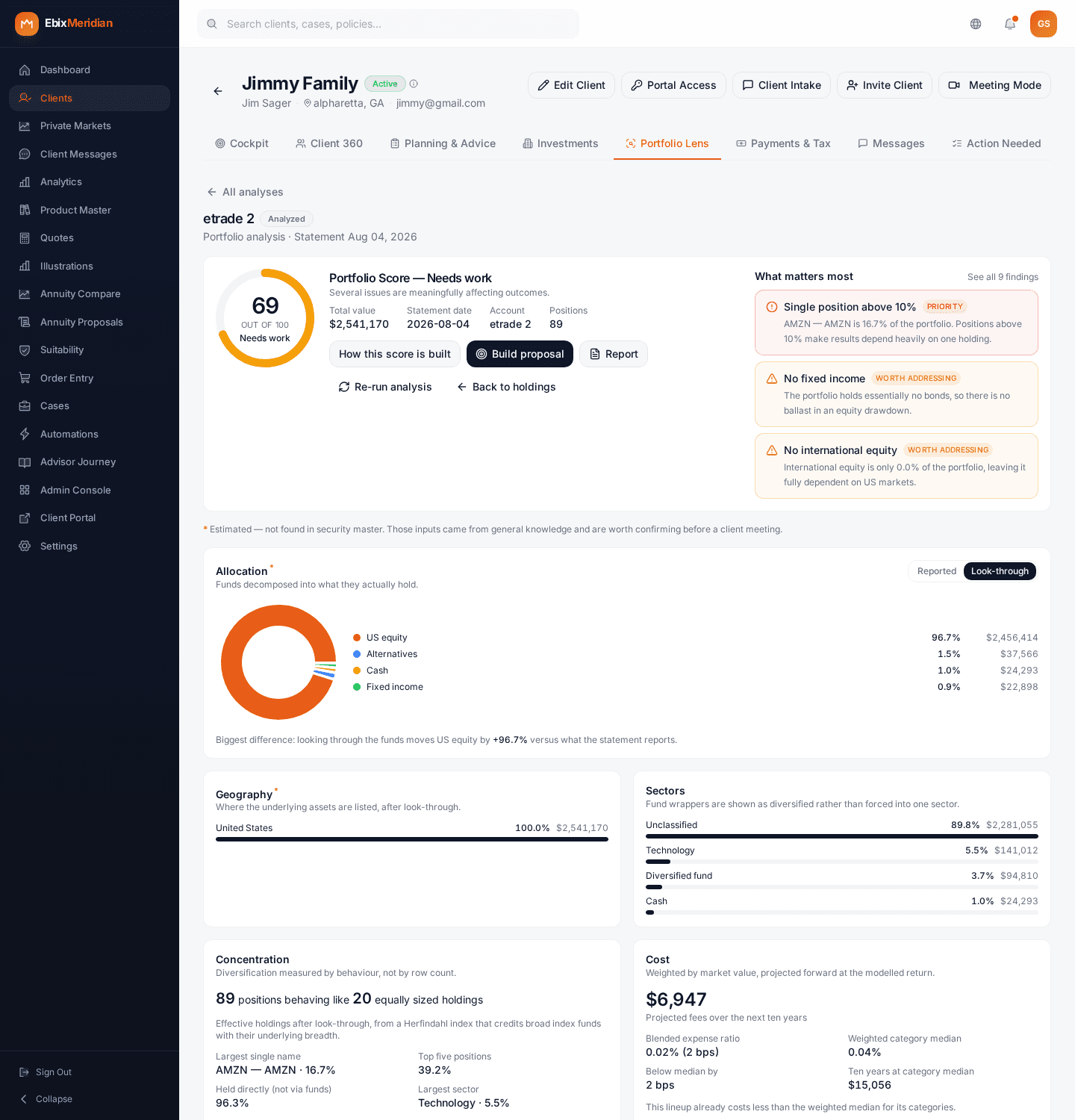 Portfolio Lens analysis of a brokerage account: portfolio score, findings, look-through allocation, concentration, and cost