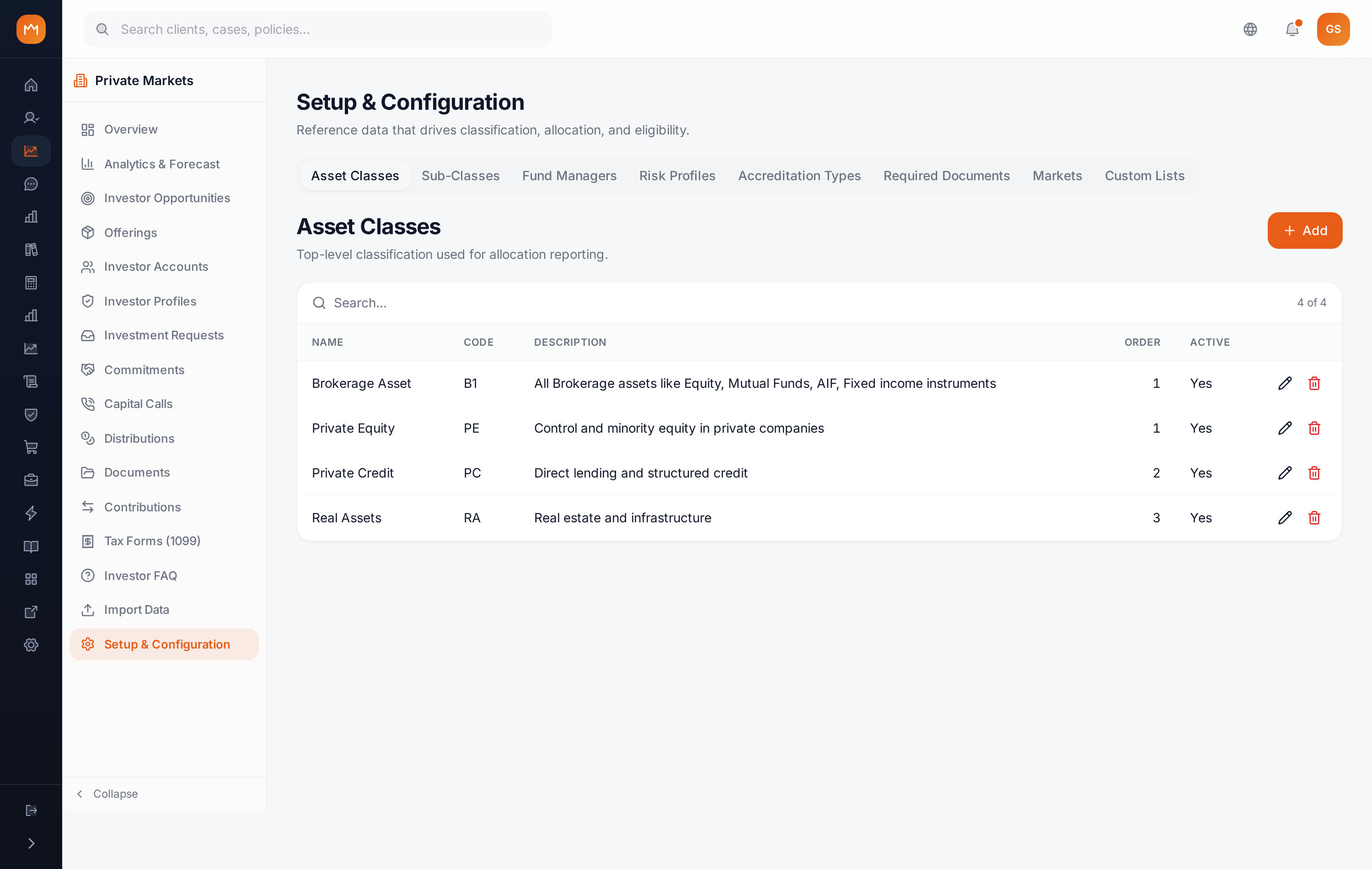 Private Markets Setup menu