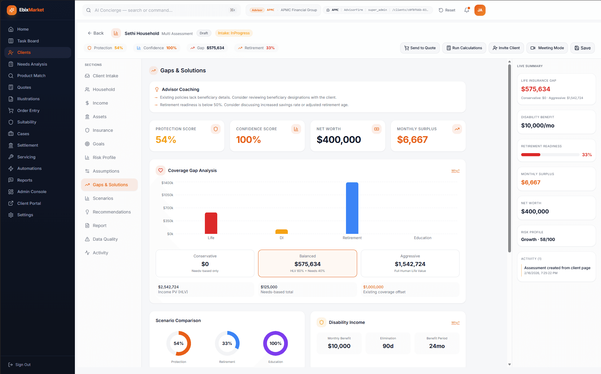 Financial needs analysis screen